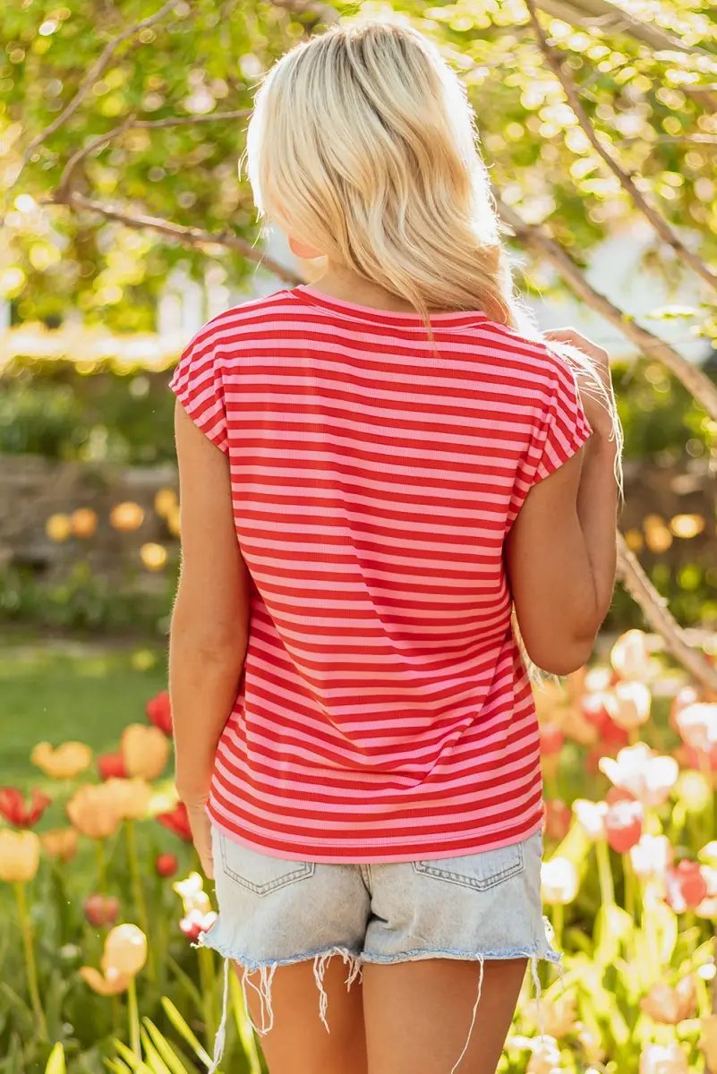 Red Stripe Ribbed Cap Sleeve Round Neck T Shirt for Women - Love Salve